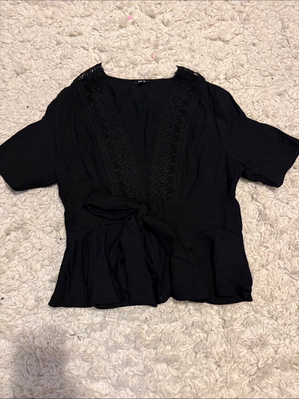 Express Black Lace-Trim Tie-Front Peplum